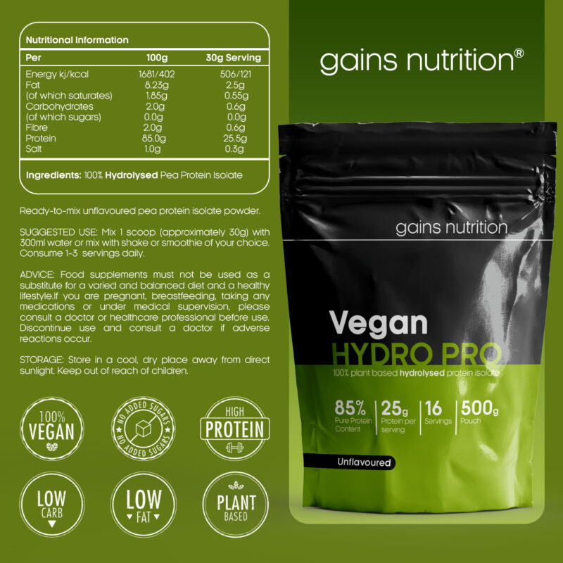 Vegan Hydro Pro Hydrolysed Protein Powder 500g Nutritional Info