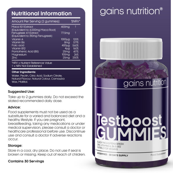 Gains Nutrition - Testboost Gummies - Nutritional Info