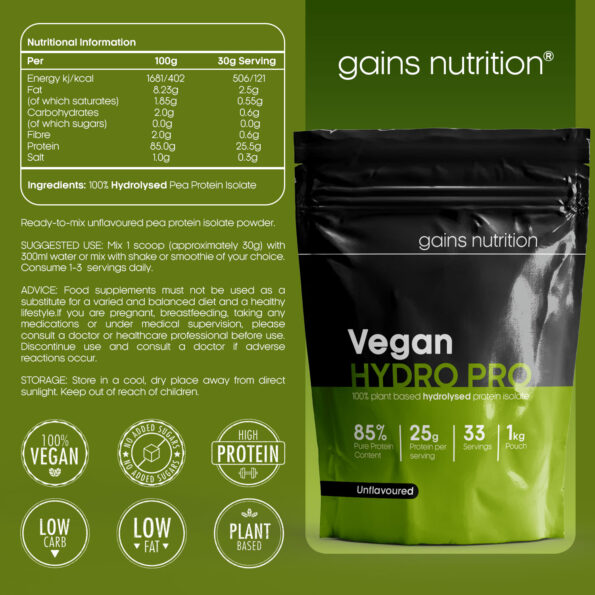 Vegan Hydro Pro Hydrolysed Protein Powder 1KG Nutritional Info